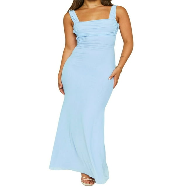 Robe Maxi Moulante pour Femmes Bretelles Spaghetti Sans Manches Crayon Robe Longue