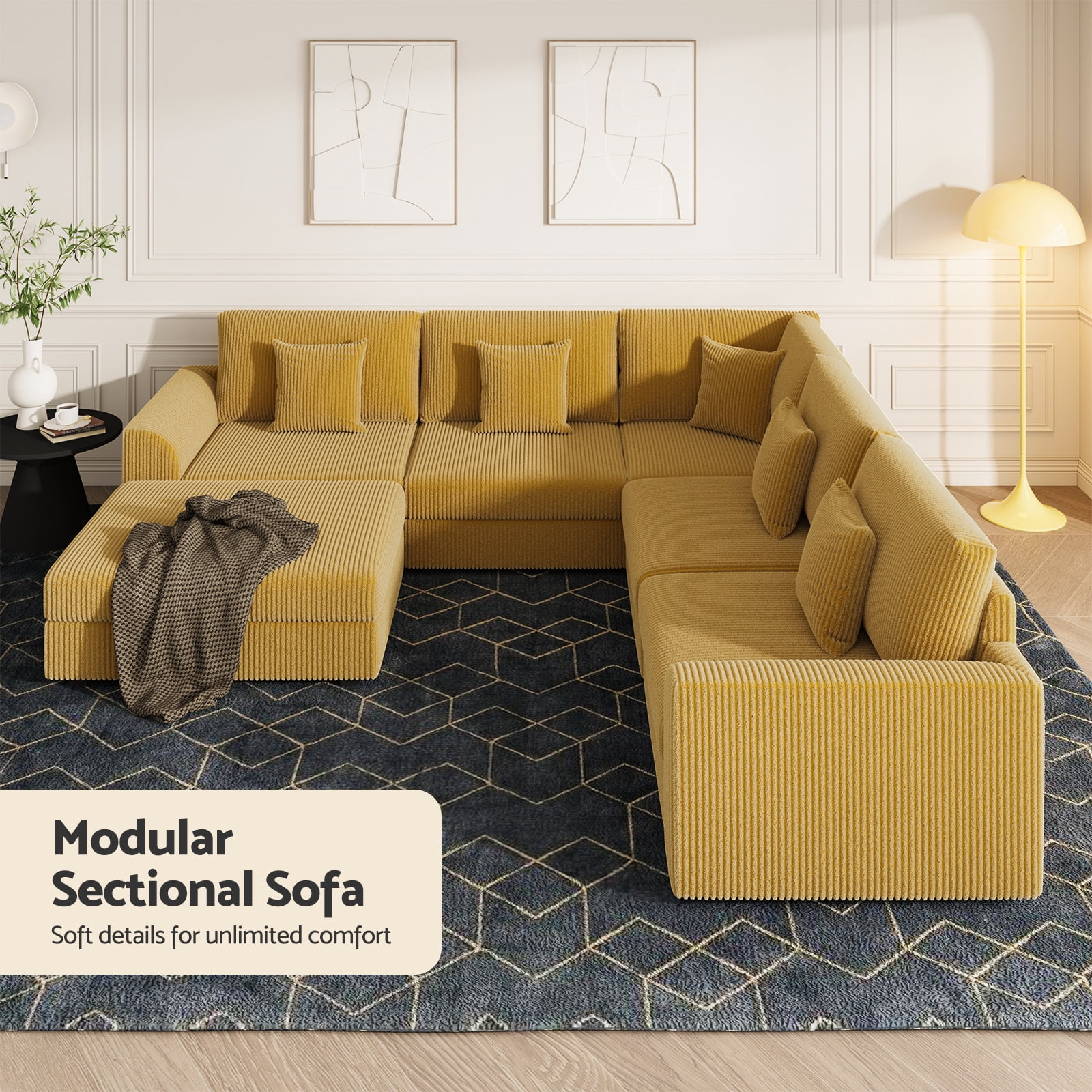 Advwin 146" Oversized Corduroy Modular Sectional Sofa, 6-Seat Convertible Sleeper Sofa with Ottoman & 5 Pillows, Modern L-Shaped Lounge Couch for Living Rooms, Yellow