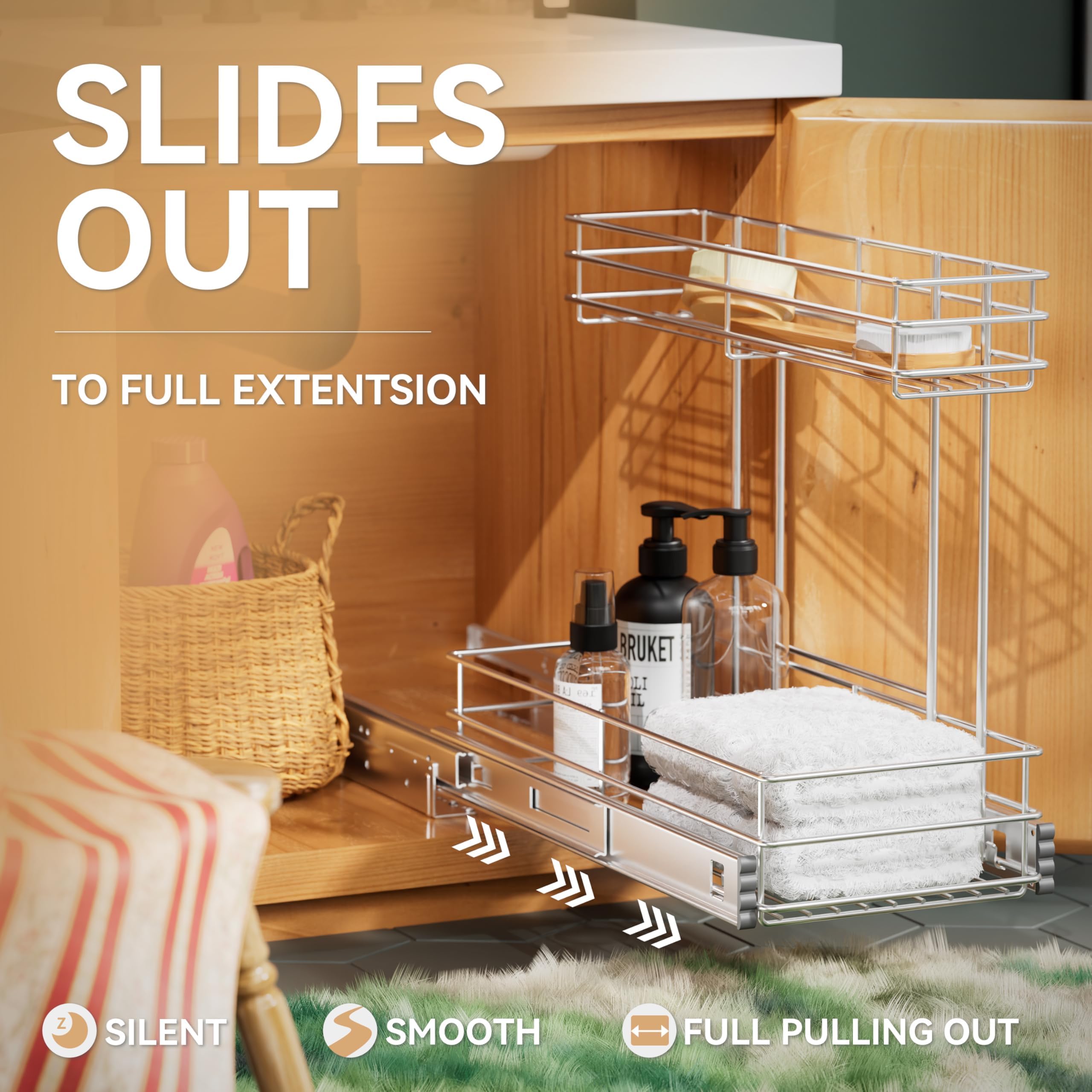 STORKING 2 Tier Under Sink Pull Out Cabinet Organizer Slide Wire Shelf Basket for Kitchen Base Cabinets 9" W 18.5" D 16" H