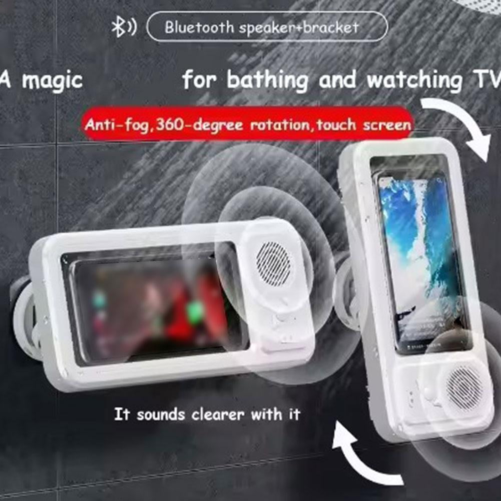 Waterproof Phone Case with Built-in Speaker, Anti-Fog Shower Phone Holder Stand with Wireless Bluetooth Speaker for Bathroom Bathtub Kitchen Wall Mirror
