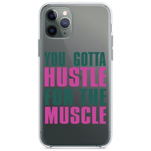 DistinctInk Clear Shockproof Hybrid Case for iPhone 13 (6.1" Screen) - TPU Bumper Acrylic Back Tempered Glass Screen Protector - You Gotta Hustle for the Muscle