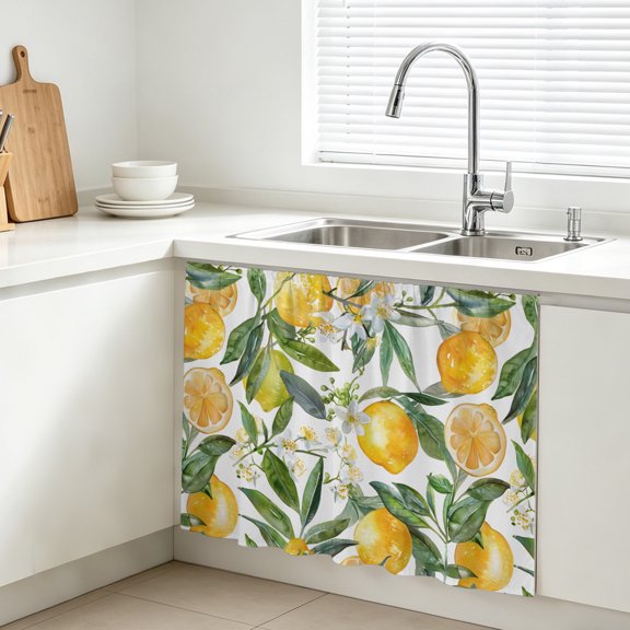 Lemon Cabinet Curtain, Spring Summer Sink Skirt for Bathroom, Under Sink shelf Curtain Privacy Drape for Kitchen Laundry Room 10x11in