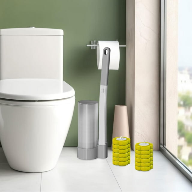 Juego de 13 escobillas de baño con cabezal de repuesto, soporte de limpieza, almohadilla para cuenco, material PP, montaje en pared, apto para limpiez Gris 12 cabezas amarillas