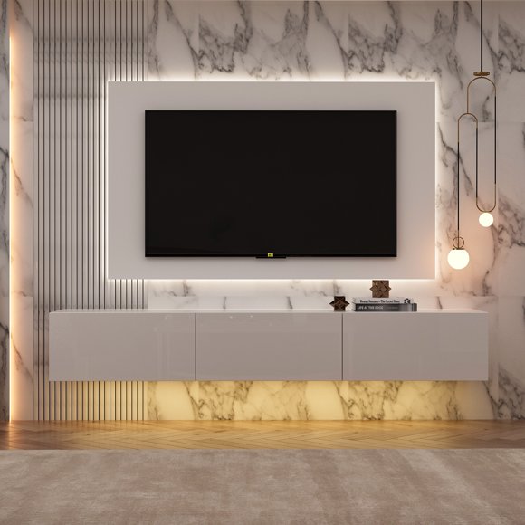 OXYLIFE Floating LED TV Stand with Drawers, Wall Mounted Entertainment Center with Storage and LED Light, White