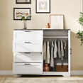 thumbnail image 1 of Garvee Armoire Garde-Robe de 43,3 Po H avec 4 Tiroirs et 2 Portes, Tringle, Blanc et Brun, 1 of 9