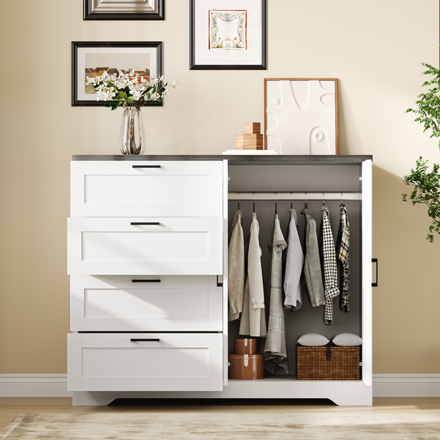 Garvee Armoire Garde-Robe de 43,3 Po H avec 4 Tiroirs et 2 Portes, Tringle, Blanc et Brun