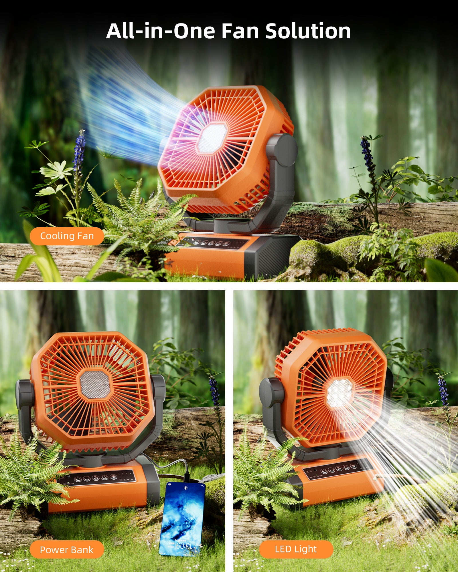 MORIKO Portable 20000mAh 4Speed Quiet Brushless Rechargeable Electric Household Fan