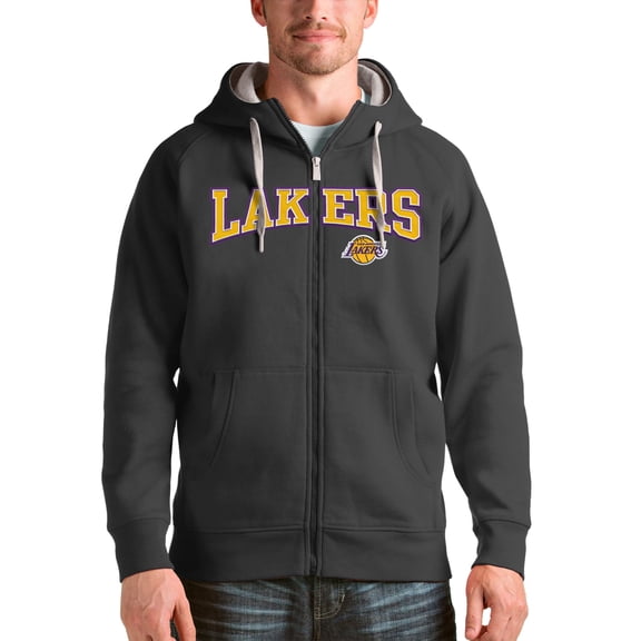 Men's Antigua Charcoal Los Angeles Lakers Victory Full-Zip Hoodie