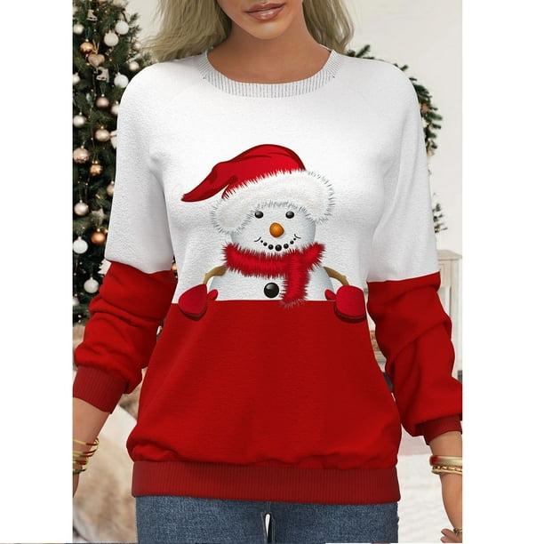 Jersey de Navidad para mujer, blusa suelta, sudaderas para mujer, camisetas de manga larga de Navidad (rojo 3XL)