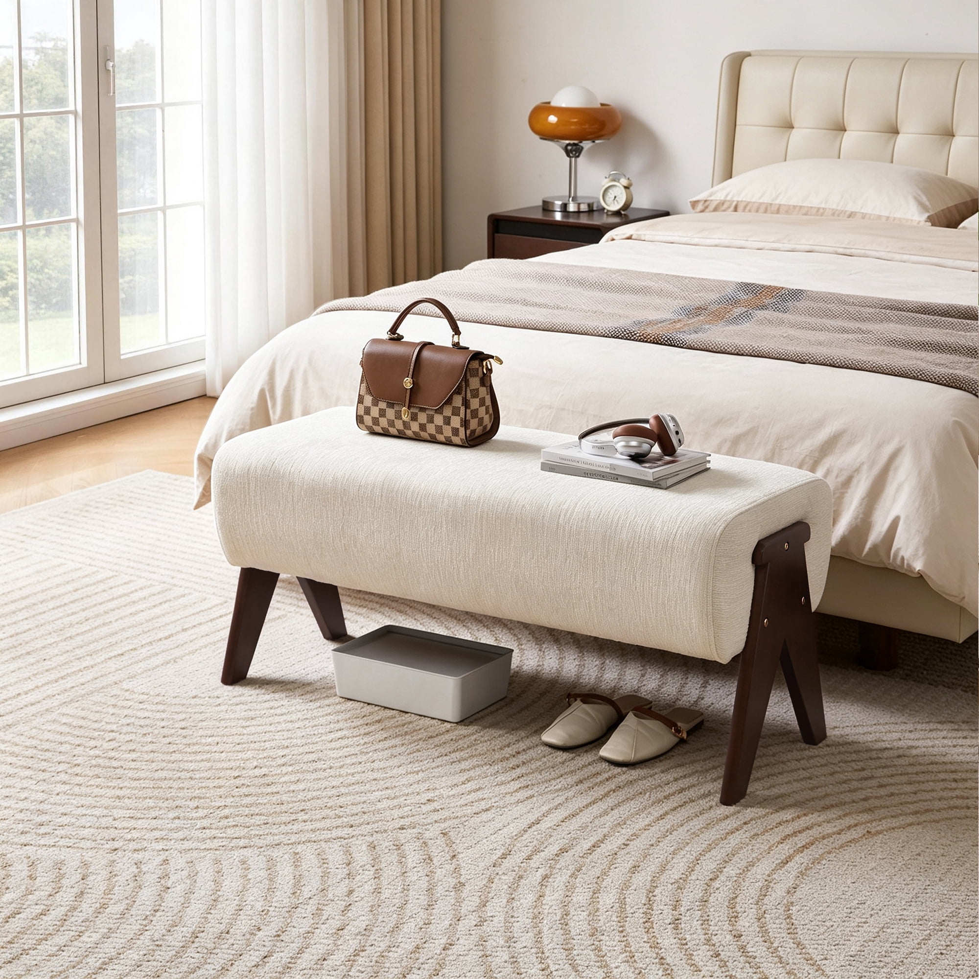 Leumius Chenille Bench,Modern Upholstered with Ergonomic Padded and Solid Wood Legs,Ottoman Bench for Foyer Bedroom Living Space,Entry,White