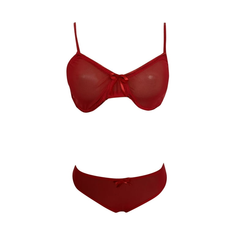 RYRJJ Bra and Panty Sets for Women Contrast Mesh See-Through Bralettes  Lingerie Sexy Sets Comfy V Neck Bras Panty 2 Piece Sets(Red,S)