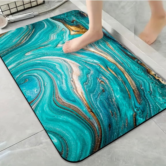 1pc Turquoise Gold Marbled Texture Bathroom Rug Bathroom Decor and Accessories- Durable,Anti Slip,And Quick Drying,Suitable For Indoor/outdoor Use - Perfect For Bathrooms,Bedrooms,Kitchens