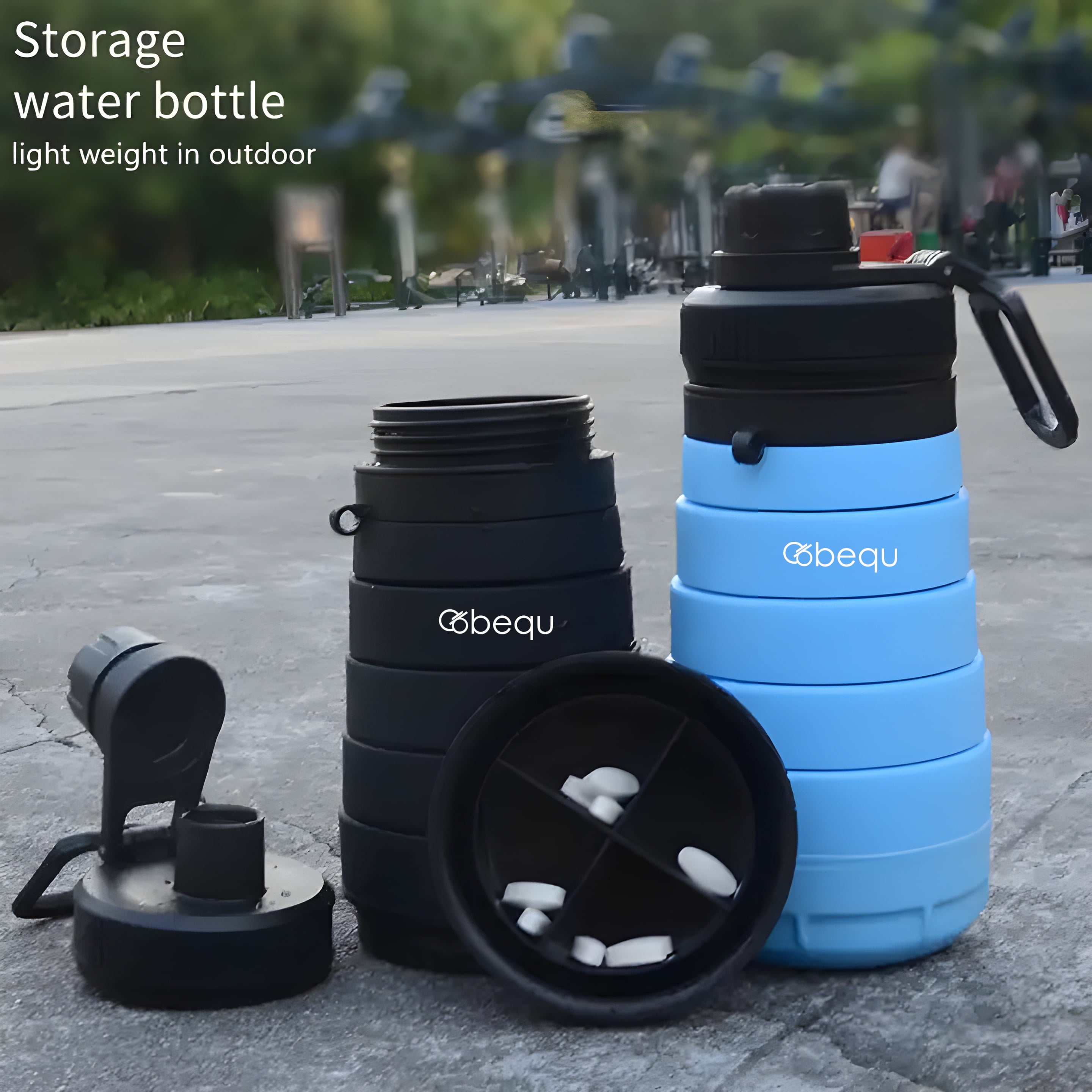 BEQU 750ml/25 Fl Oz Collapsible Silicone Water Bottle with Pills Storage Base, Reusable, BPA Free, Odorless, Dishwasher-Safe, Portable, Leak Proof for Sports Home Travel Office (2PK Black-Gray)