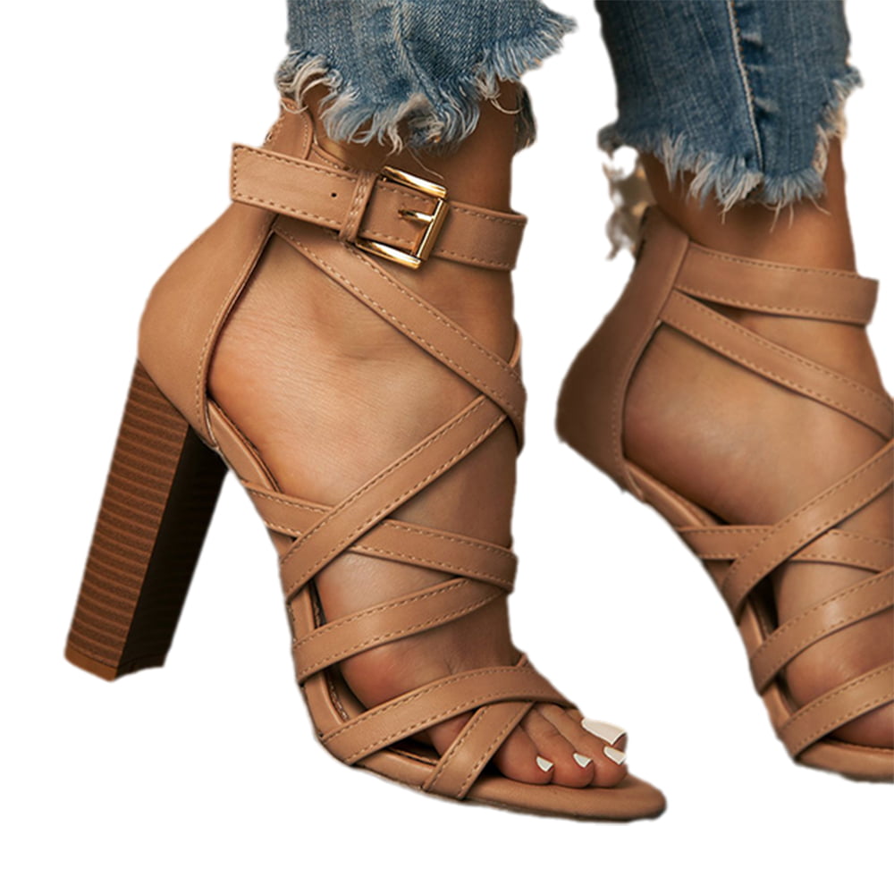 Delicious Women Thick Block High Heels Ankle Strap Open Toe Camel Beige  Reseda-S | eBay
