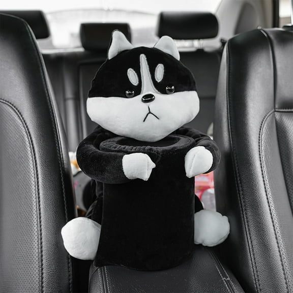 AuroraX Black Car Trash Can with Tissue Box Cover Soft 1.6 Gallon Cute Cartoon Wastebasket Cotton Art Deco Trash Bin for Bathroom Bedroom Office