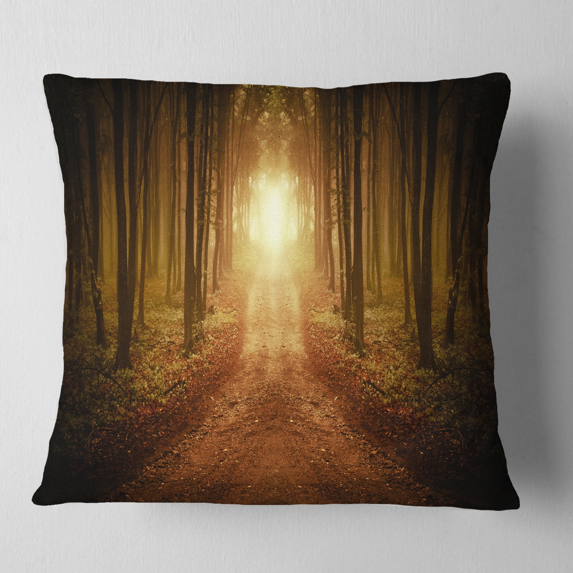 Designart Road in Symmetrical Forest - Landscape Photography Throw Pillow - 16x16