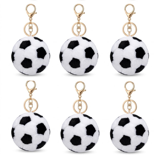 6 llaveros de balón de futbol de peluche, 9 cm, con broche metálico, accesorios suaves para mochila, bolso y llaves, recuerdos para fiesta y regalos de equipo