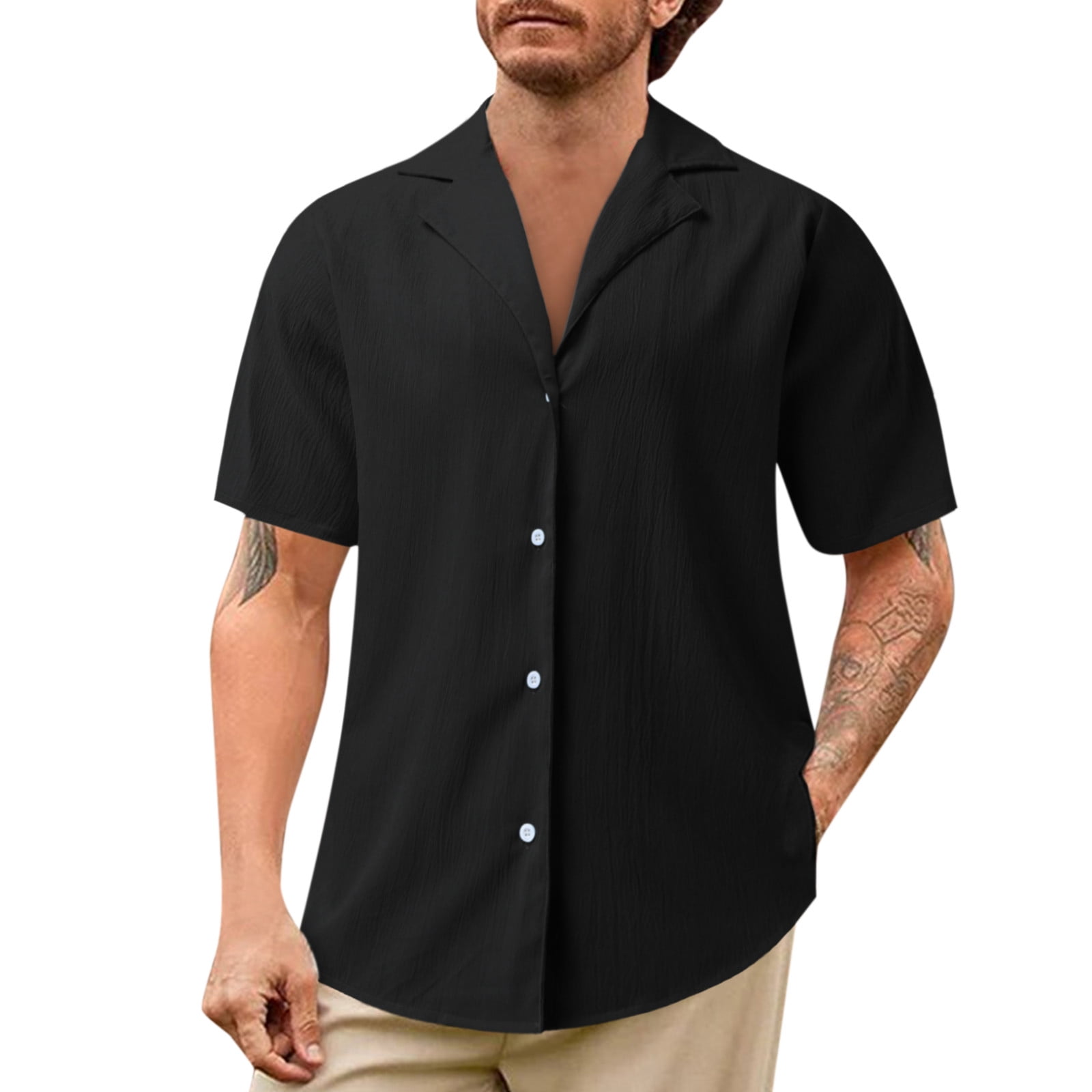 Black Hawaiian Shirt Male Summer Casual Solid Fold Shirt Short Sleeve Turn  Down Collar Shirt Blouse 