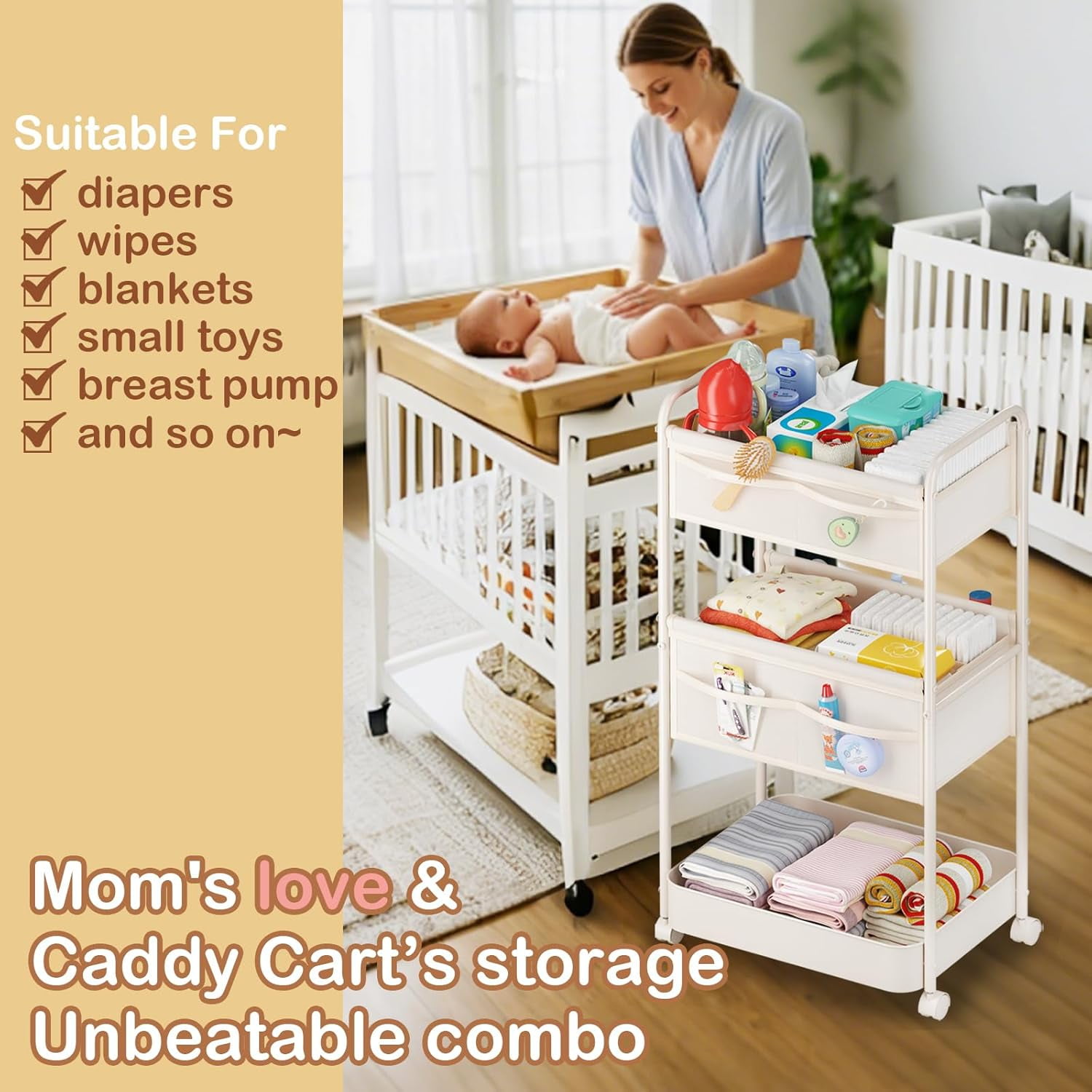 Baby Diaper Caddy, Premium Metal& Felt Movable Cart with Dividers for Newborn Nursery Essentials, Large Capacity Rolling Diaper Storage Caddy Organizer for Changing Table &Crib, Easy Assembly- Beige