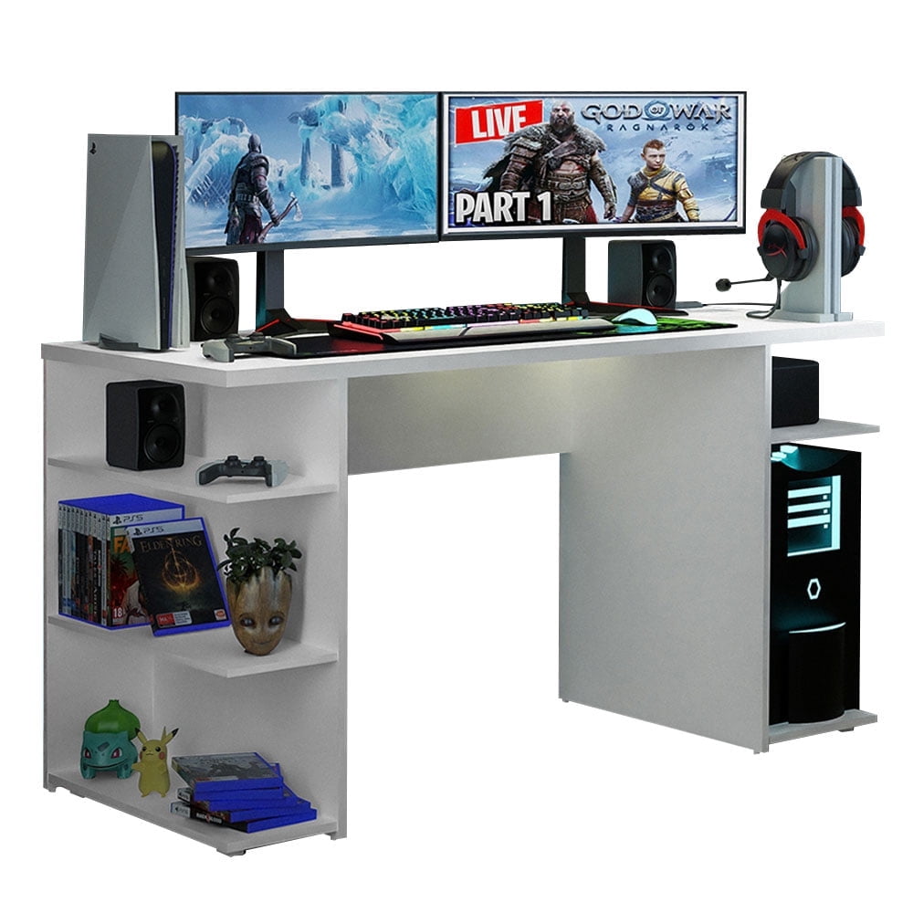 Madesa Large Modern Gaming Computer Desk 53 Inch with 5 Shelves Cable Management Student Study Wooden Table Home Office Gamer Desk for Kids and Adults - White
