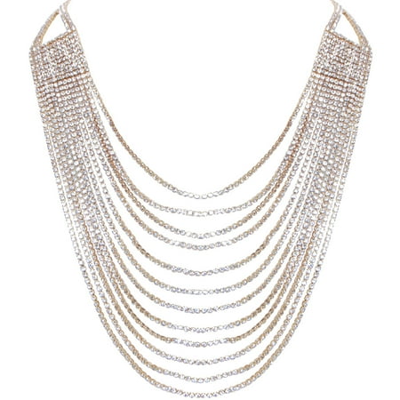 Silver Tone Multi Chain Darling Waterfall Bib Necklace Multi-Strand Chain CZ Simulated Diamond Collar, Gold-Tone, Hypoallergenic ()