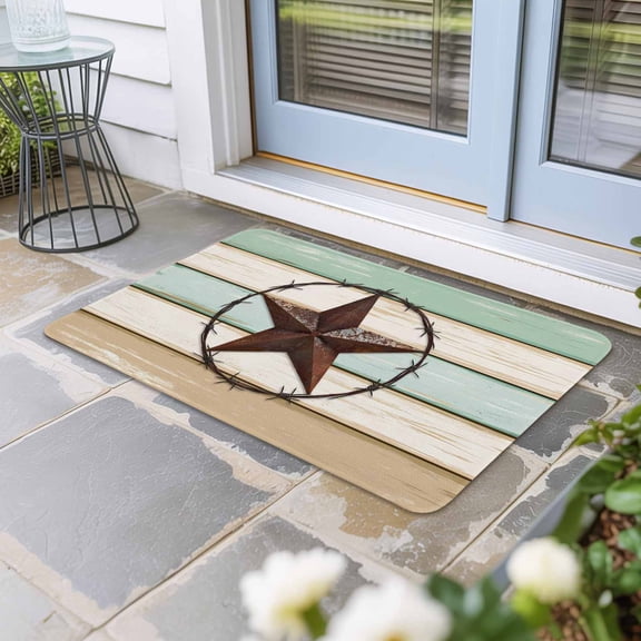 Beige Sage Green Texas Star Door Mat Indoor Outdoor, Vintage Stars Wooden Non Slip Welcome Mat with Rubber Backing, Absorbent Fabric Front Door Mats Entryway Rug for Home Patio Entrance 16"x24"