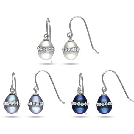 7-7.5mm Multi-Color Rice Cultured Freshwater Pearl and White Crystal Sterling Silver Dangle Earrings, Set of 3