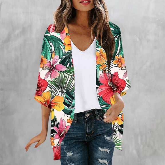BiZtdJrK Hawaiian Cardigan Women Floral Print 3/4 Sleeve Open Front Kimonos Fashion Beach Vacation Summer Cover Ups Multicolor S