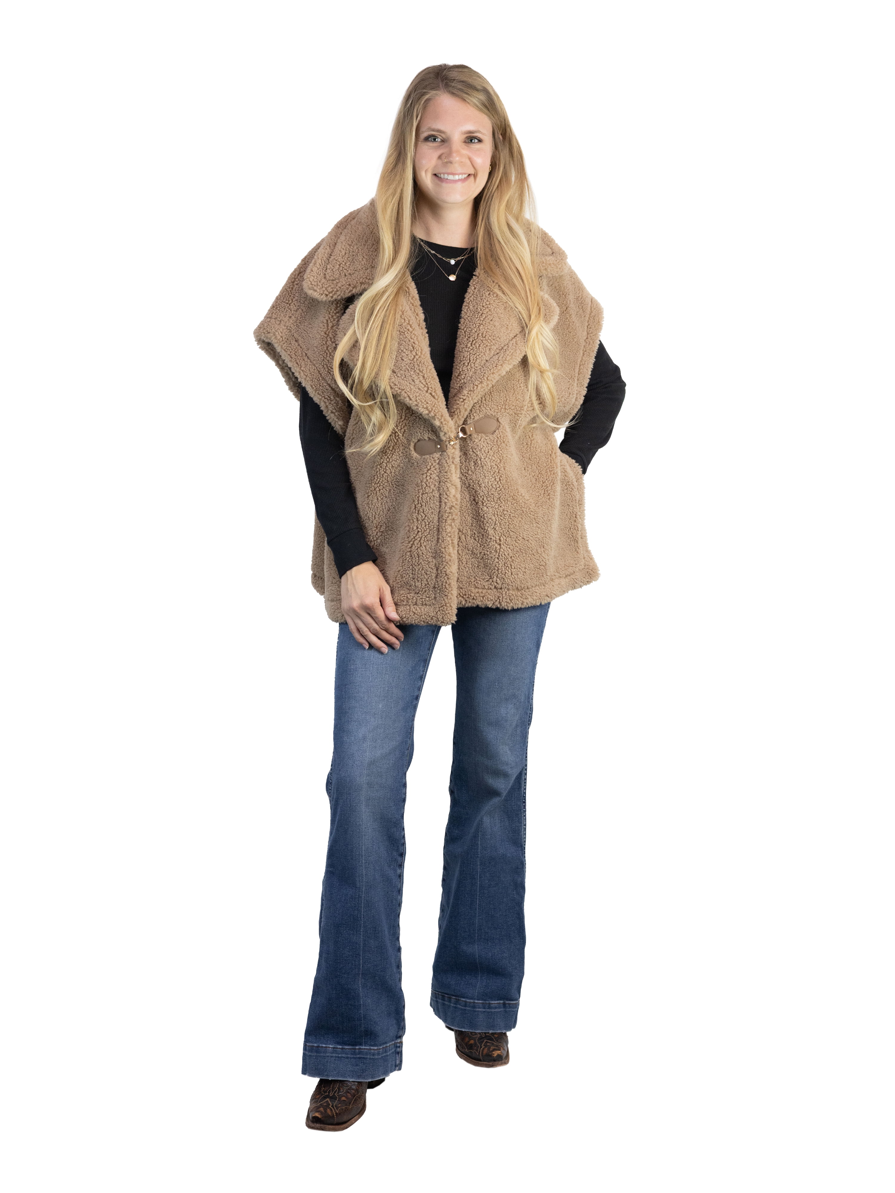 Time and Tru Womens Faux Shearling Vest, Tan