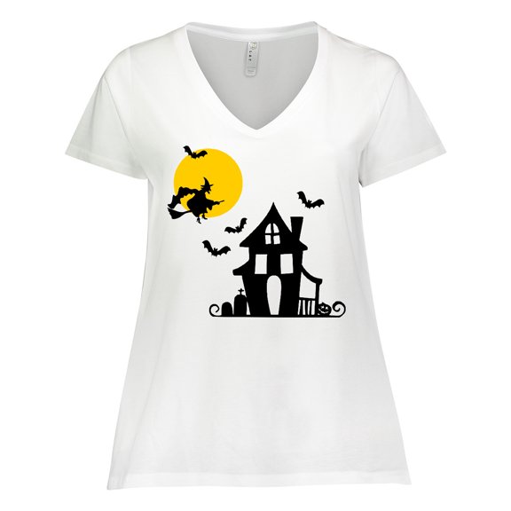 Inktastic Halloween Haunted House Witch and Bats Women's Plus Size V-Neck T-Shirt