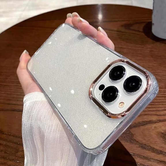 Compatible with iPhone 15 Pro Max Cute Case Bling Clear Glitter Sparkle Electroplated Lens Frame Soft Bumper Fashion Protection Shockproof Cover for Women Girls Man Silver