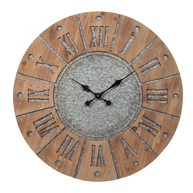 "Reloj de pared redondo con marco de madera y detalles metálicos, marrón y gris" Benzara Inc BM209368