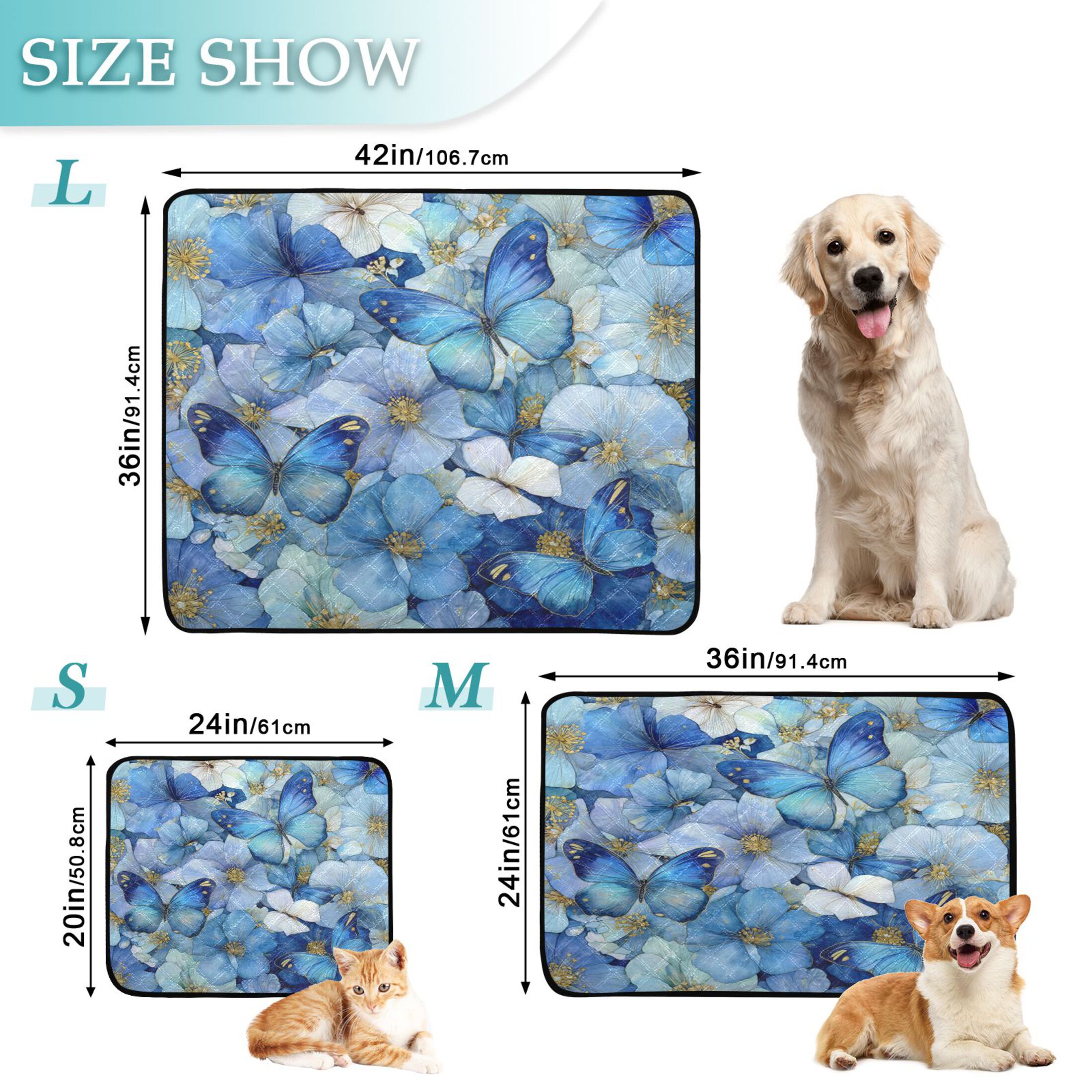 Qxltty Pale Blue Butterfly Cat litter Pads Pet Set of 2 Diaper Mats Center Anti-leakage Layer Absorbent Soft and Comfortable
