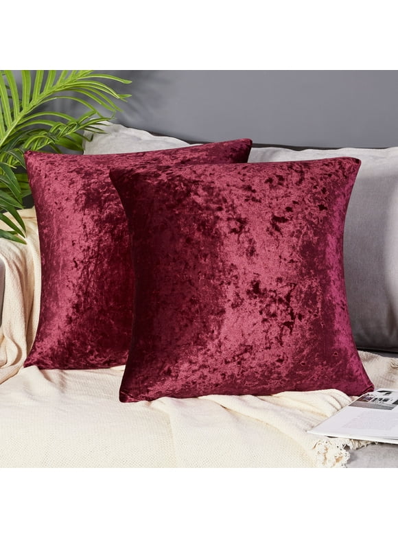 Deconovo Christmas Decorations Crushed Velvet Cushion Covers Square Throw Pillow Covers for Bedding 20 x 20 inch Wine Red Pack of 2