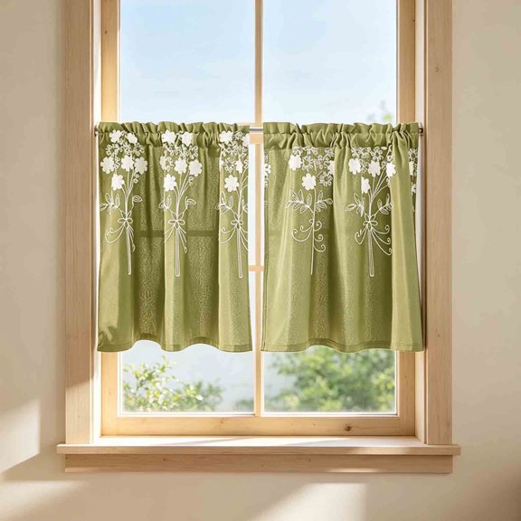 Floral Printed Tier Curtains Set of 2 15.75W x 17.72H Inch Rod Pocket Light Filtering Semi Sheer Curtains For Kitchen Bathroom