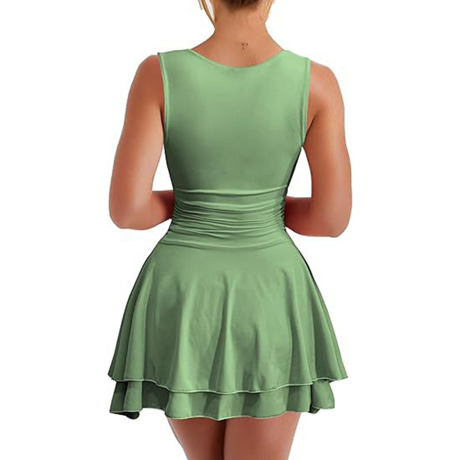 Wuxian Women Tennis Dress Sleeveless Wide Strap Popular Square Neck High Waist Ruched A-Line Ruffle Tiered Flowy Athletic Sport Workout Yoga Mini Dresses,Green,S