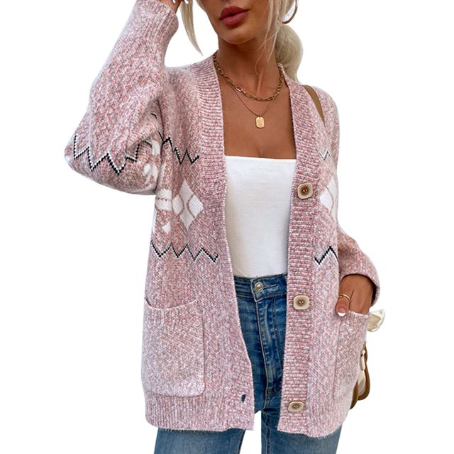 Suéter con frente abierto, botones, manga larga, corte holgado, prendas de vestir exteriores de punto para mujer con bolsillos para Navidad, otoño, invierno, rosa, L