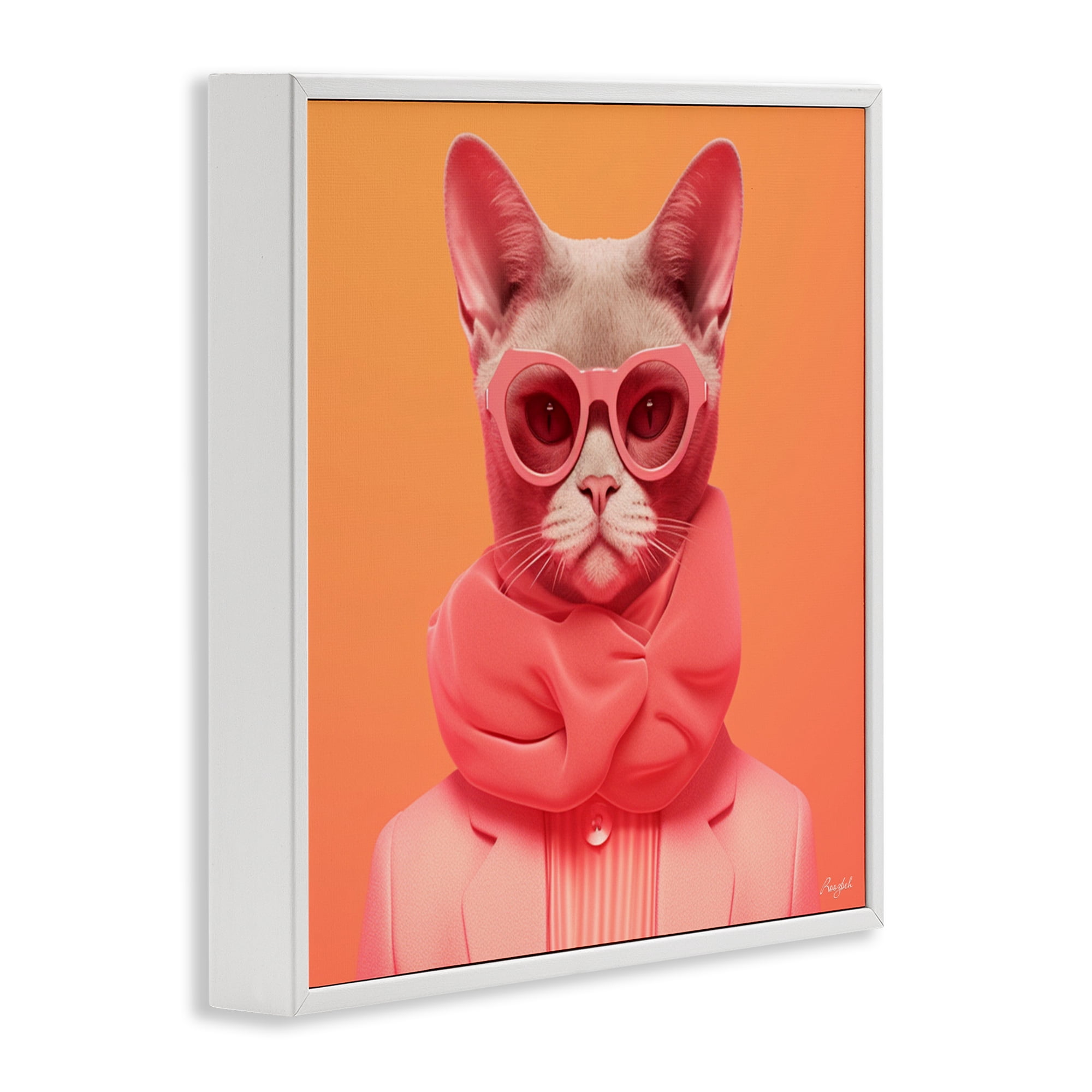 Stupell Industries Retro Glasses Cat on Orange White Framed Giclee Art, design by Roozbeh