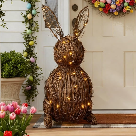 AHeartcove Large 20'' Wicker Easter Bunny Lit Light Up Rattan Bunny Outdoor Woven Wicker Rabbit Topiary Easter Porch Decor Spring Rabbit Decoration for Home Farmhouse Table Kitchen