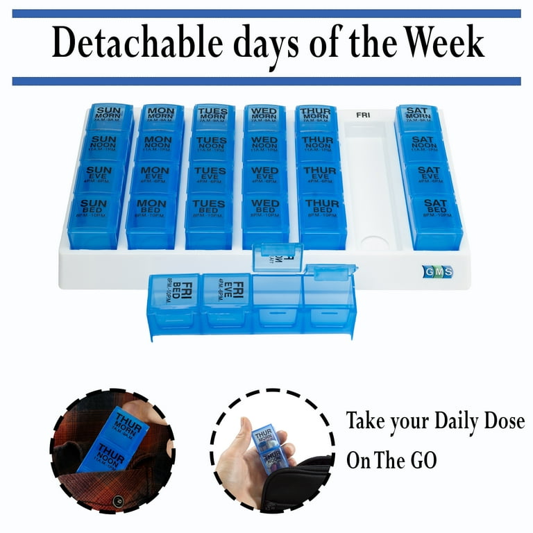 Group Medical Supply 4 Times A Day Weekly Slant Tray Pill Organizer -  Includes 7 Removable Pill Boxes (Blue) 