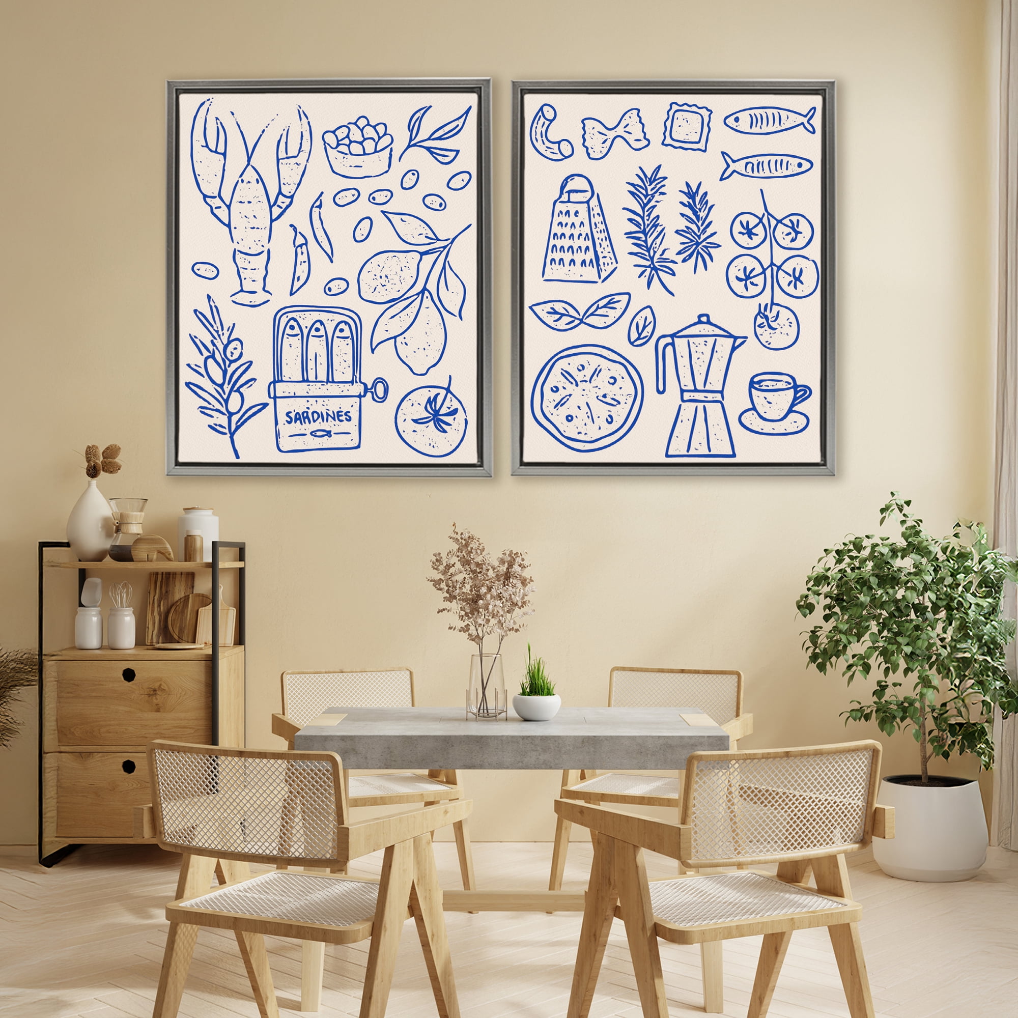 Stupell Industries Mediterranean Kitchen Simplicity 2 Piece Gray Framed Floater Canvas Set, design by Camila Juncos