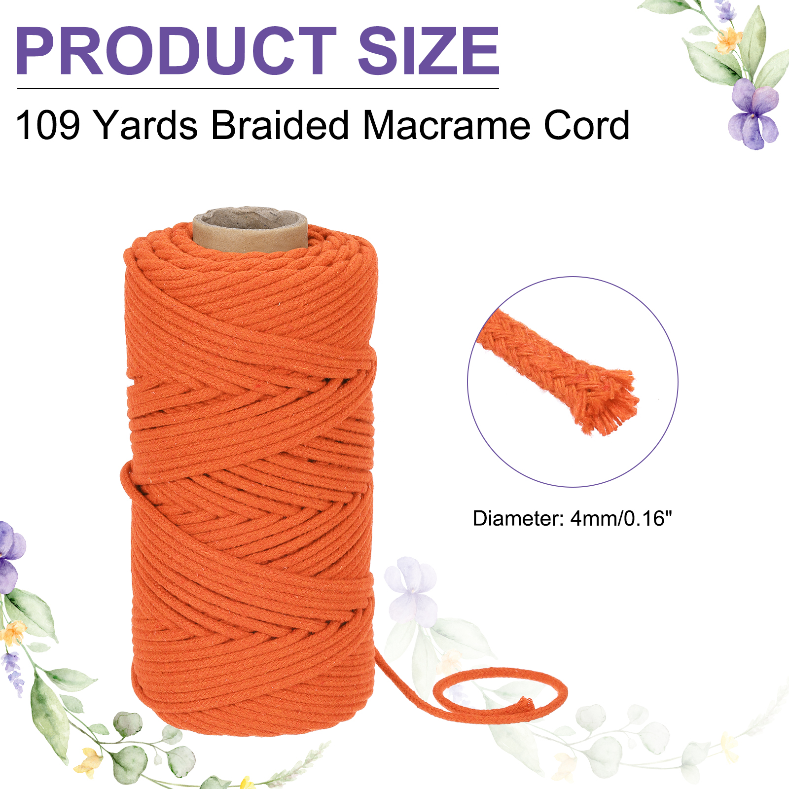 Braided Macrame Cord, 4mm x 109 Yards Natural Cotton Rope Macrame Yarn Bohemia Craft String with Scissors(Orange)
