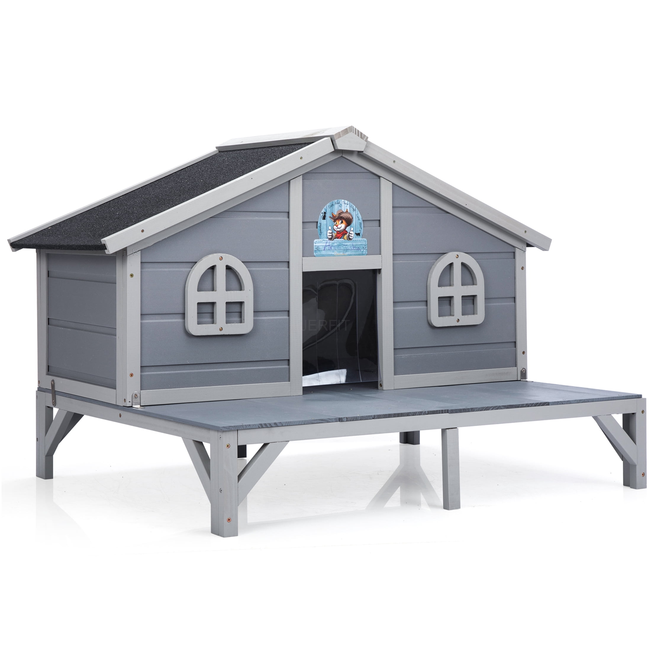 JERFIT All Weather Gray Wooden Cat House & Outdoor Enclosure with Lockable Door, Cozy Fringe Curtains for Large Cats & Kittens
