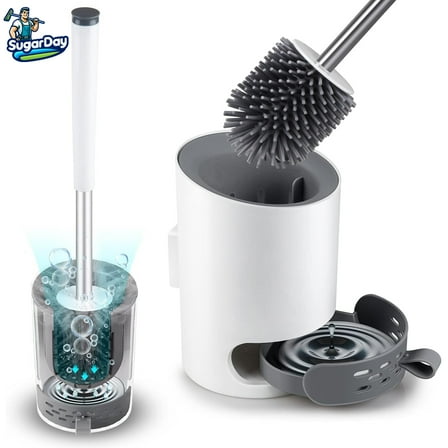SUGARDAY Toilet Bowl Brush and Caddy Holder Set for Bathroom Soft Bristle Silicone Plunger Set Toilet Scrubber with Tweezers White
