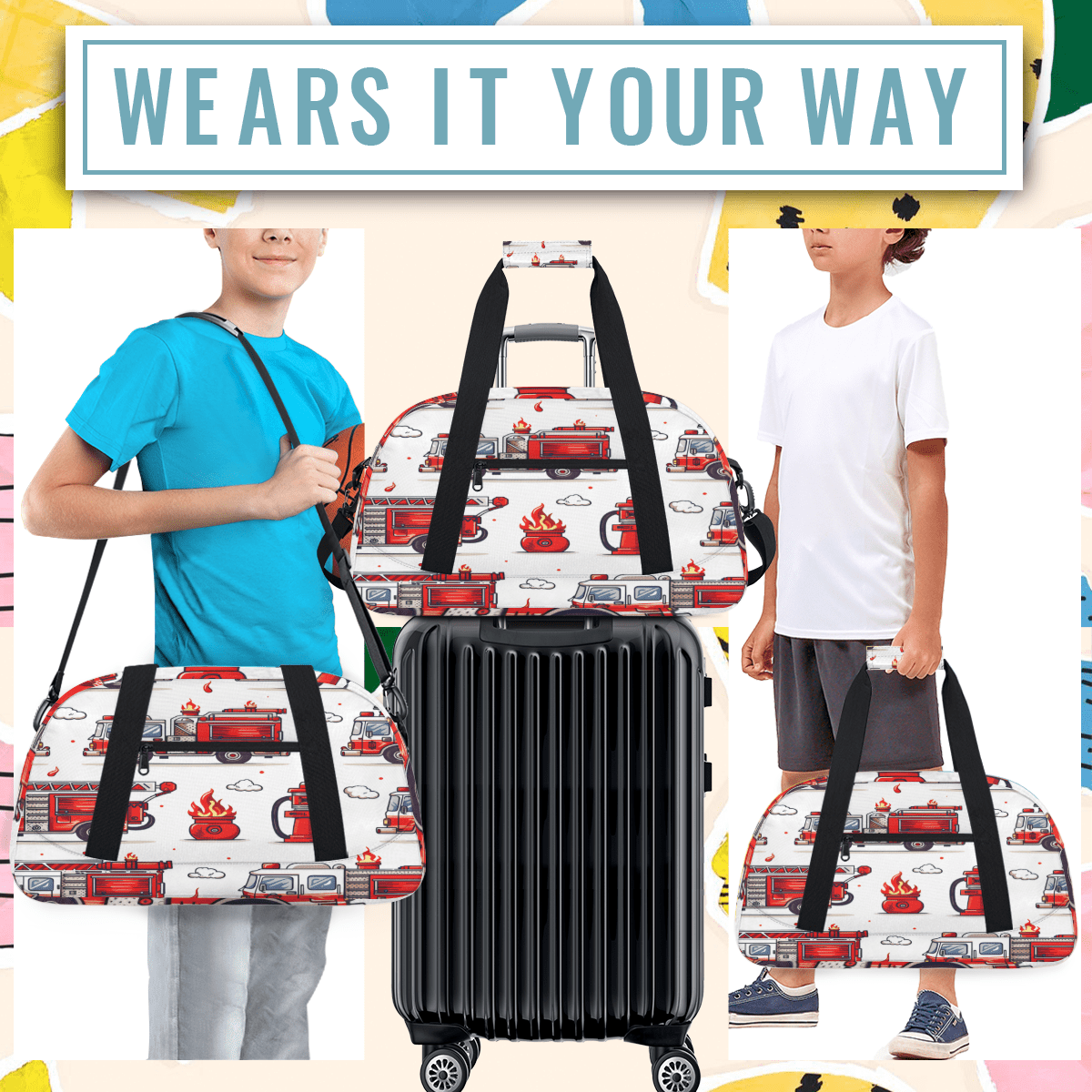 Herdesigns Fire Truck Sports Duffle Bag for Women & Men, Transportation Gym Bag Dance Bag Overnight Bag Carry On Weekender Travel Bag
