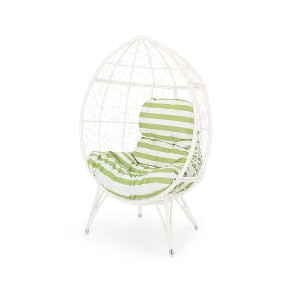 Noble House Gianni Outdoor Wicker Teardrop Chair, White and Green, Metal