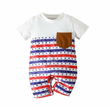 

Newborn Infant Baby Girl Boy Clothes Rompers Summer Jumpsuits Short Sleeve Romper Toddler Summer Independence Day Five-pointed Star Usa Flag Printed Short Sleeve Wrap Bottom Romper 0-24 Months