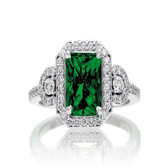2 Carat Emerald Cut Emerald and White Diamond Halo Engagement Ring on 10k White Gold