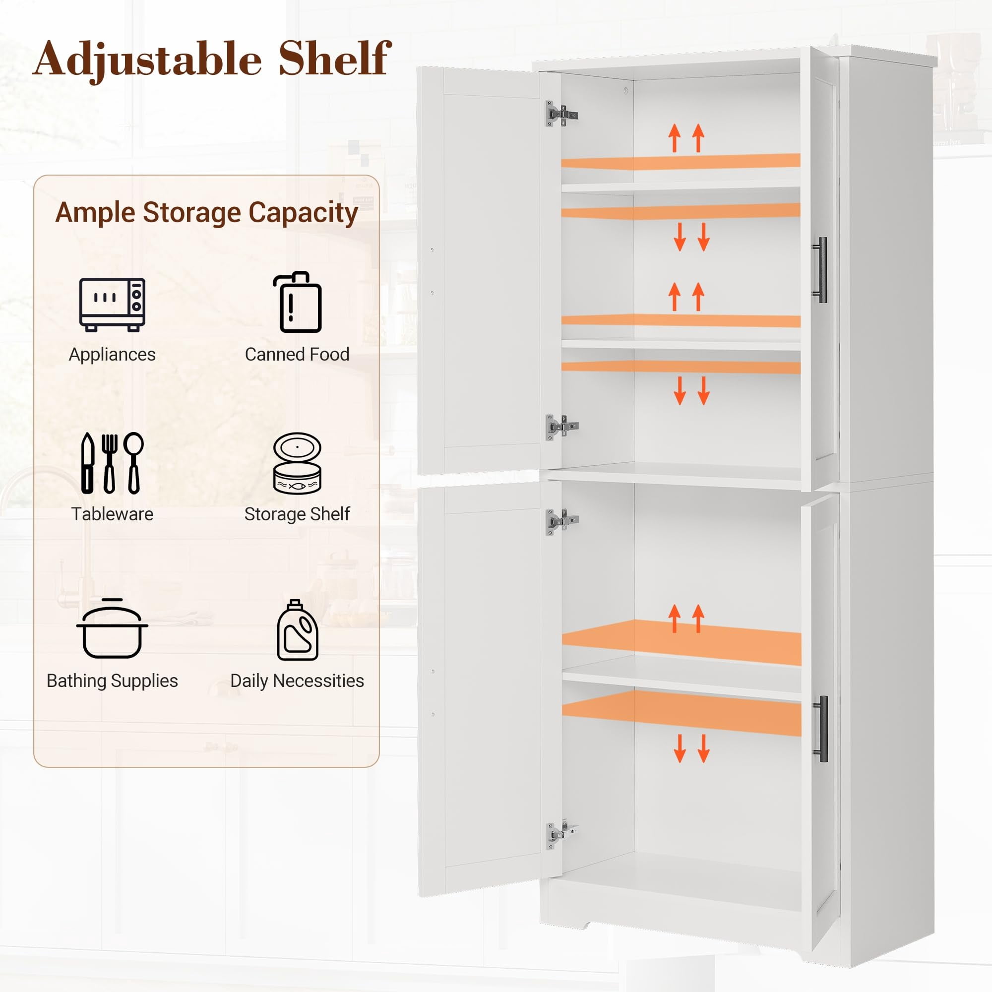 BouPower Pantry Cabinet,70" Tall Kitchen Pantry Cabinet with 2 Doors and 3 Adjustable Shelves, Freestanding Cupboard, Modern Tall Storage Cabinet for Bathroom, Dining Room, Living Room