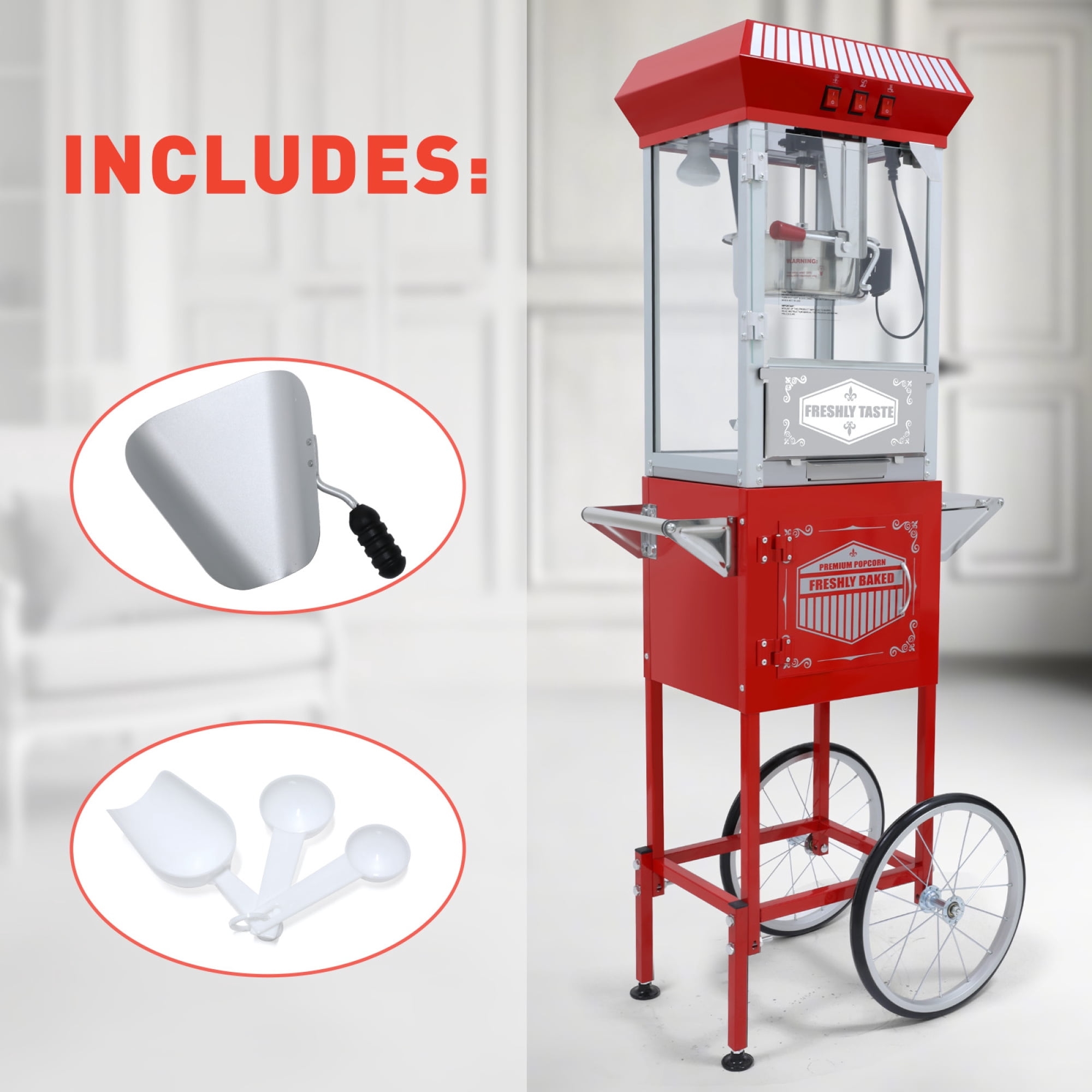 Leumius 12 Oz Popcorn Machine Cart, Popcorn Cart with Wheels, Vintage Popcorn Machine with Stainless Steel Kettle,for Parties, Events, Home Theater Red